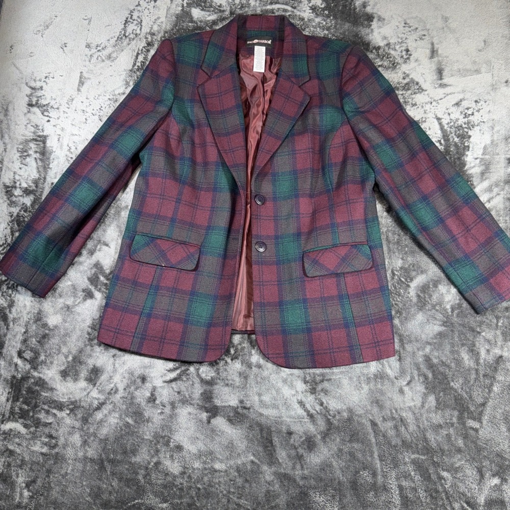 Sag Harbor Vintage Plaid Wool Blend Blazer Burgundy Green Navy Size 16 FI3063MC